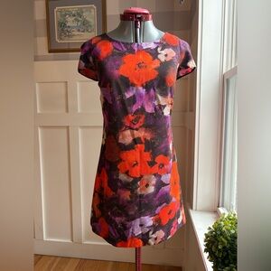Milly Designer Structured Red, Purple & Black Floral Shift Dress Size 8